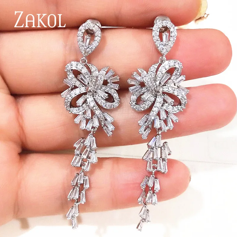 ZAKOL новые роскошные длинные висячие серьги с кубическим цирконием для женщин Сияющий Свадебный цветок с кристаллами Свадебные ювелирные изделия FSEP2108