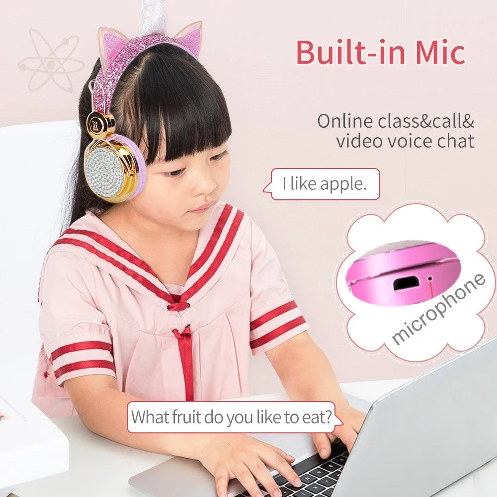 bluetooth golden cute unicorn headphones wireless girls kids cartoon stereo headset microphone learning headset for iosandroid free global shipping