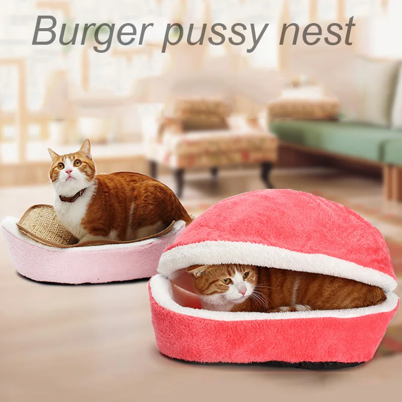 

Removable Cat Sleeping Bag Sofas Mat Hamburger Dog House Short Plush Small Pet Bed Warm Puppy Kennel Nest Cushion Pet Products