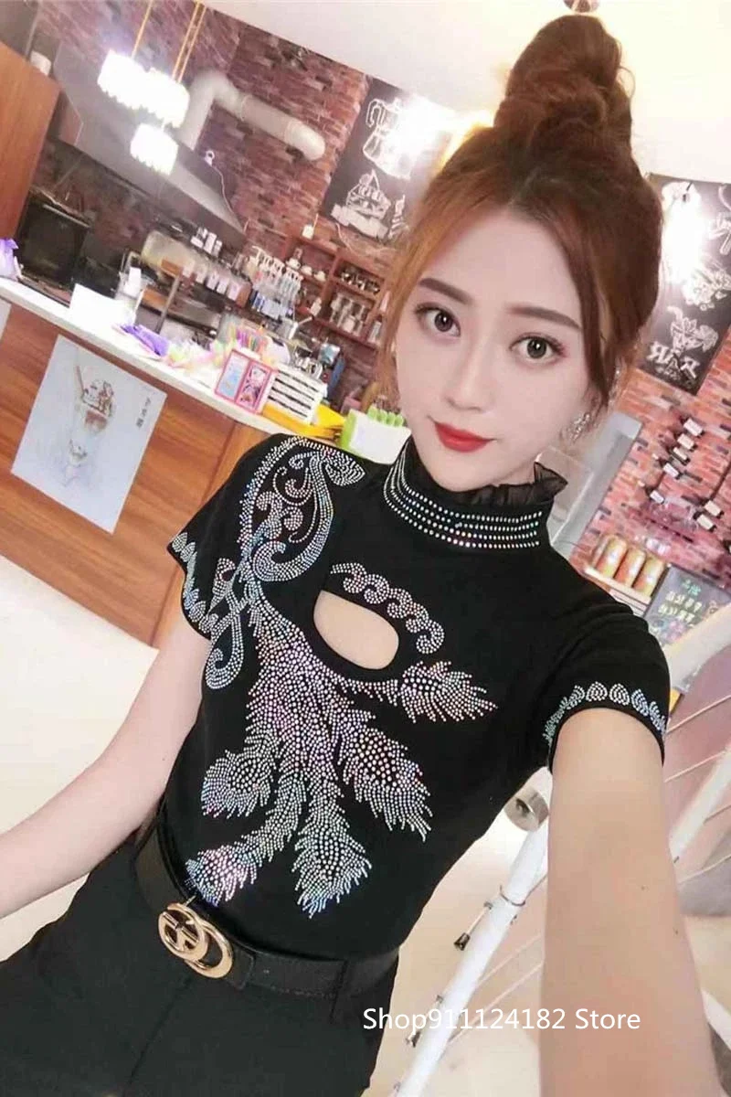

2021 New Summer 100%Cotton T-Shirt European Clothes Girls Sexy Stand Shiny Diamonds Hollow Out Women Tops Short Sleeve T-Shirt