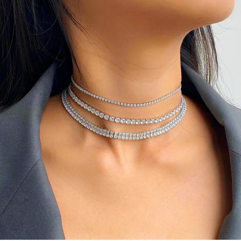 

Funmode Bling Cubic Zircon Tennis Chain Choker Baguette CZ Necklace Rhinestone Women Bridal Accessories Jewelry FN236