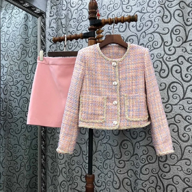 

Top Quaity New Women's Set 2020 Autumn Winter Wool Suit Ladies Pocket Patchwork Big Buttons Woolen Coats+Mini Pink Skirt Set 2pc