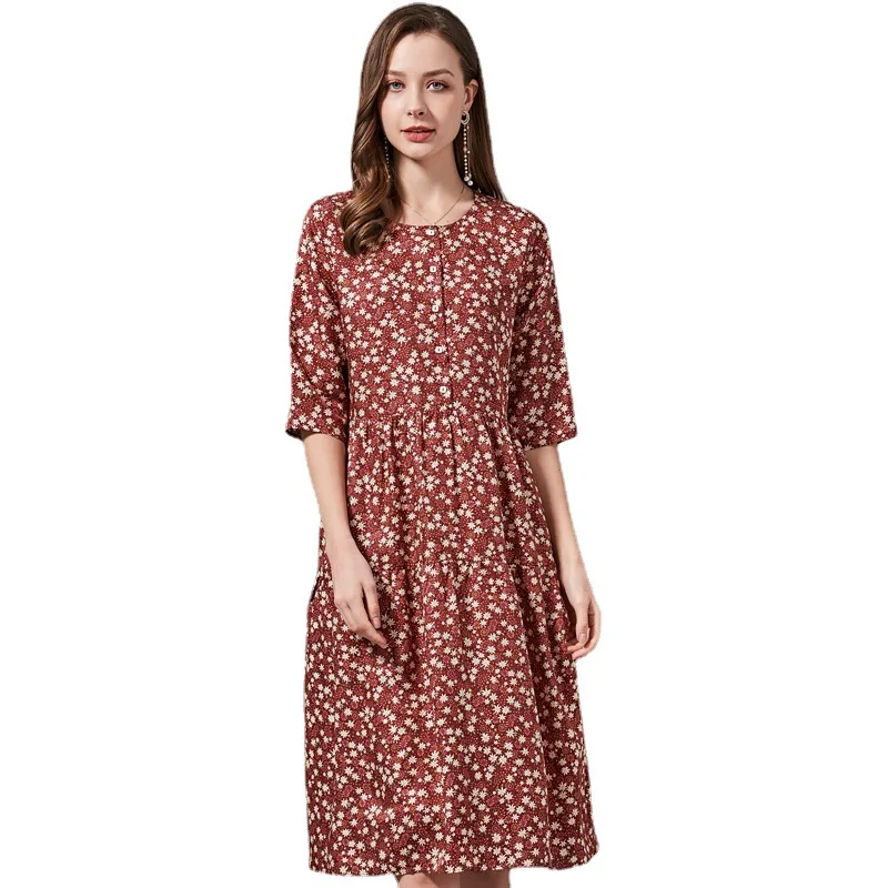

100% Real Mulberry Silk Printed Satin Dress 2021 Summer New Loose Large Size Medium Sleeve Silk Dress