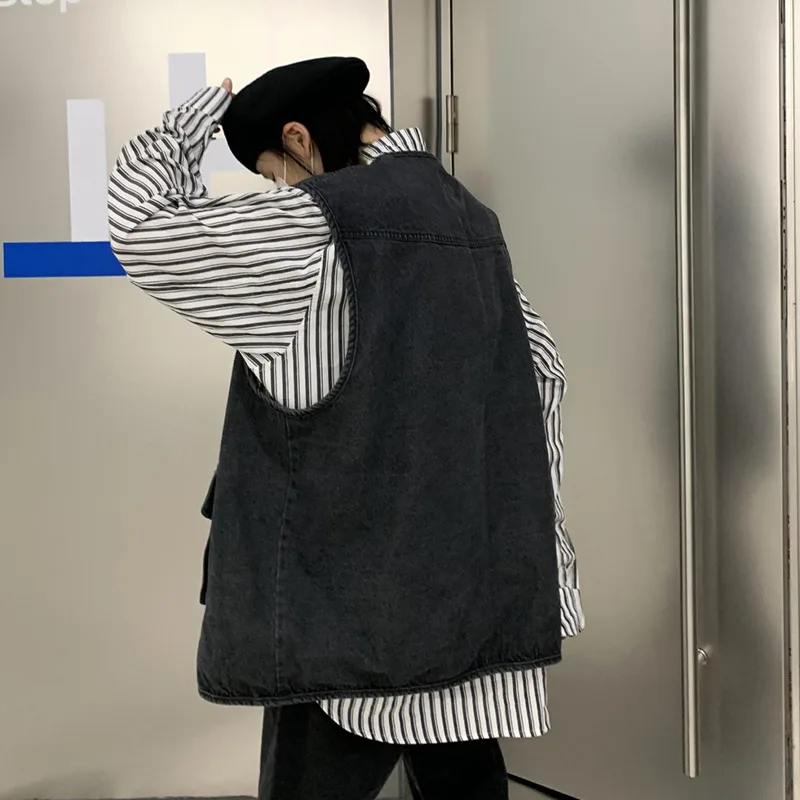 

Autumn Cotton Black/Blue Denim Vest Men's Fashion Retro Pocket Tooling Vest Men Streetwear Loose Hip-hop Denim Vest Jacket Mens