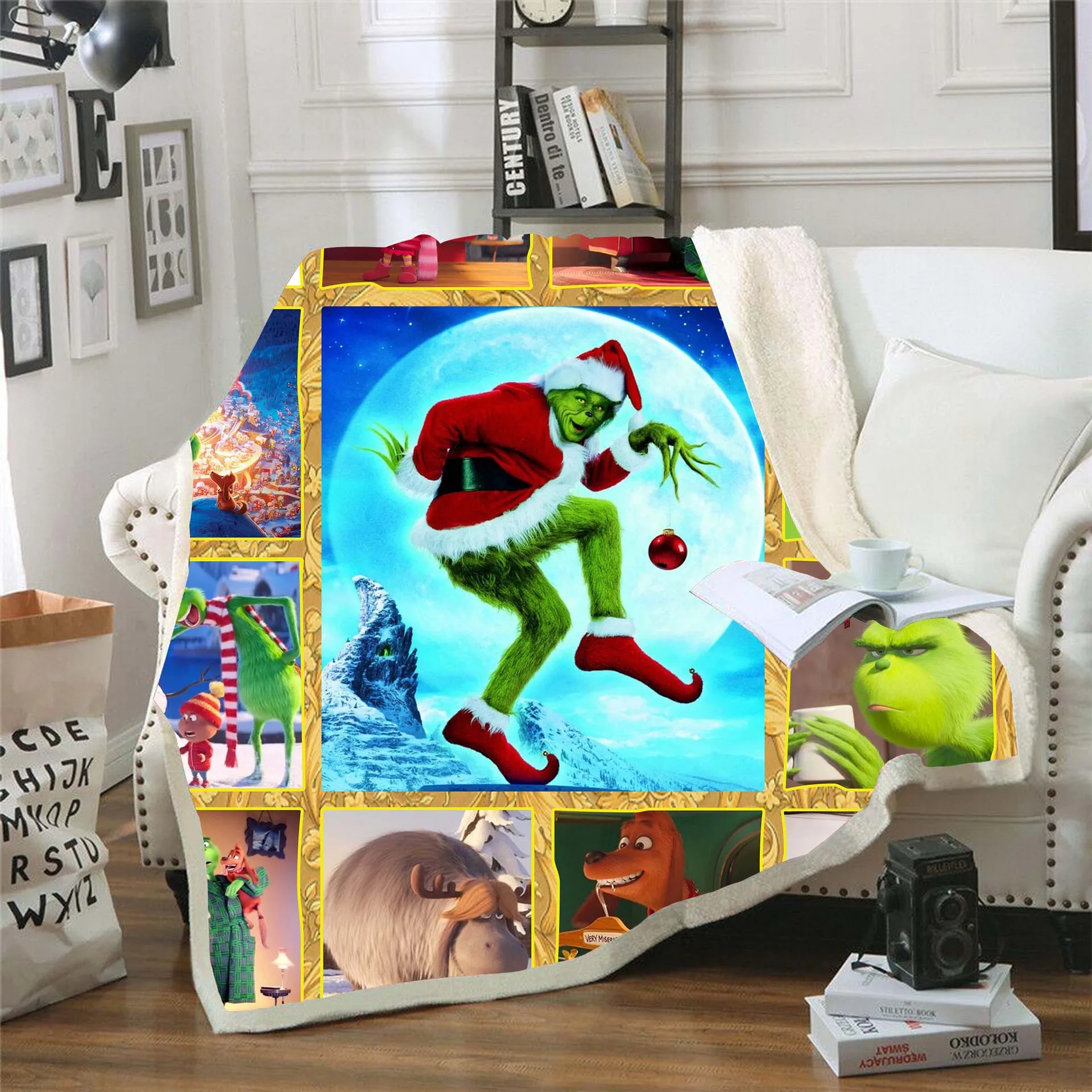 Квадратное одеяло с 3D рисунком Grinch из флиса в клетку мультяшными персонажами 2019
