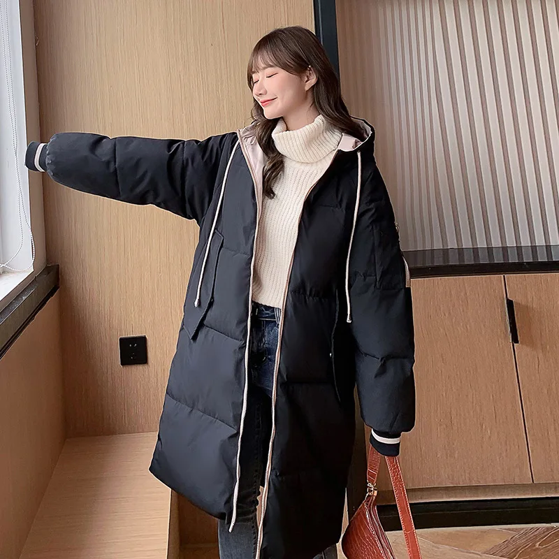 

Chic Women Medium Long Winter Jacket Hooded Diagonal Pocket Windproof BIO Down Coat Oversize Cotton padded Parkas