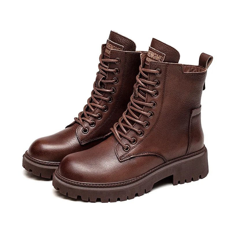 

Johnature Winter 2021 New Shoes Women Boots Genuine Leather Zip Round Toe Sewing Lace-Up Handmade Vintage Leisure Platform Boots