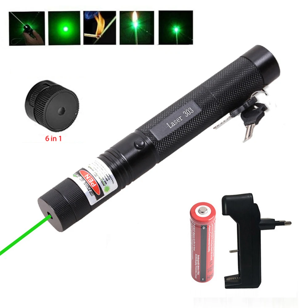 

Powerful Red Green Laser Pointer 10000m 5mw Laser 303 Sight Focus Adjustable Burning Lazer Torch Pen + 6 In 1 Laser Head