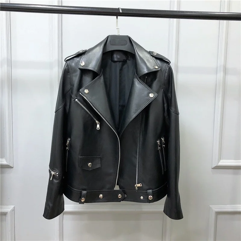 

Genuine women's leather jacket, stylish, office leather for fall, short, luxurious lambskin for bikers