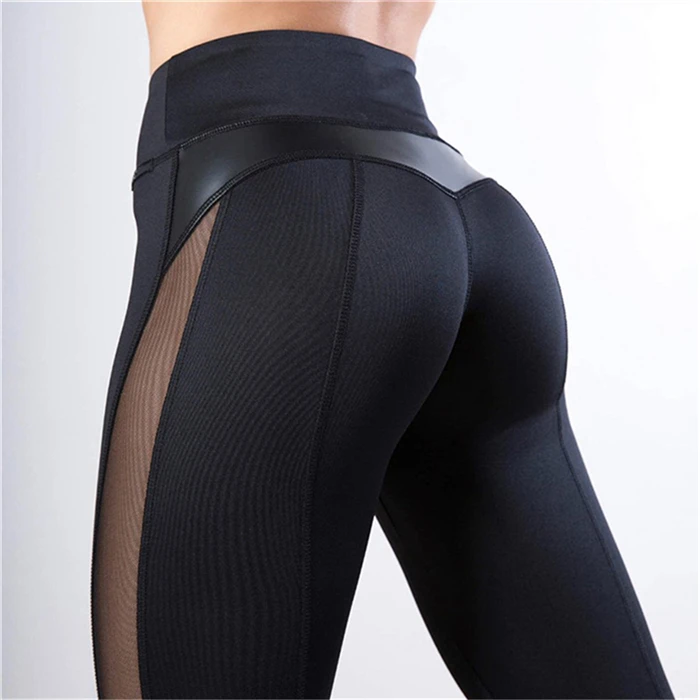 

Black Fitness Legging Women Heart Workout Legginngs Mesh And Leather Patchwork Leggings Solid Pants