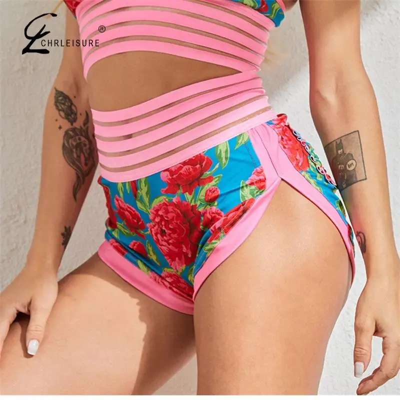 

Шорты женские сетчатые с высокой талией, пуш-ап, с цветочным принтом