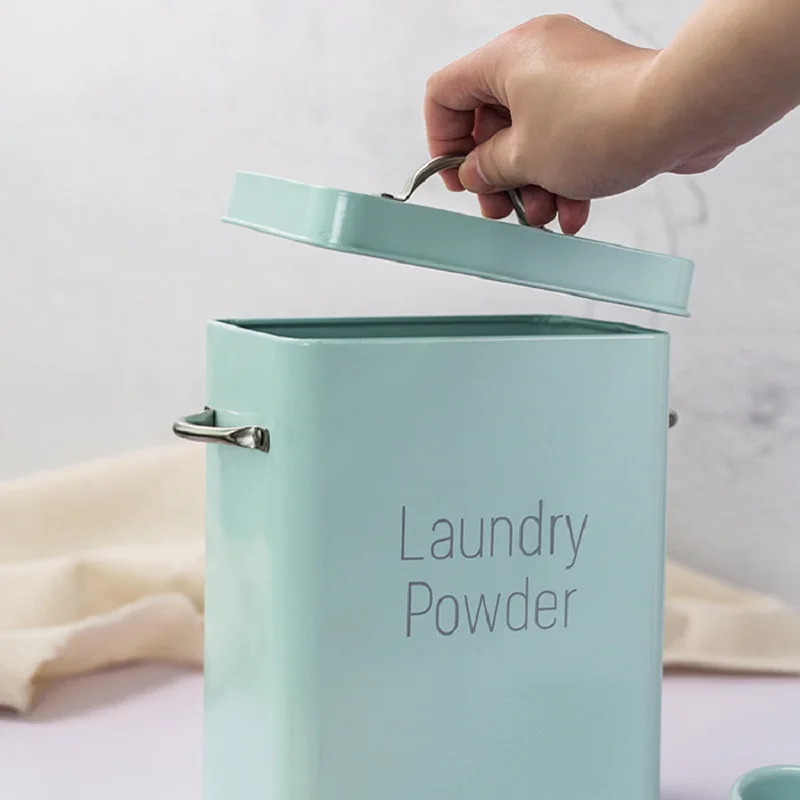 

Iron Laundry Powder Food Storage Bucket, with Airtight Lid and Spoon, Milky-white&Cyan-blue&Pink 16cm W X 11.7cm D X20cm H