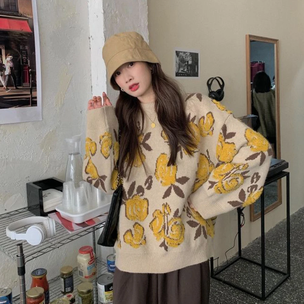 

2021 Autumn Winter New Korean Fashion Sweater Retro Casual Womens Loose Long Sleeve Round Neck Thicken Knitting Tops