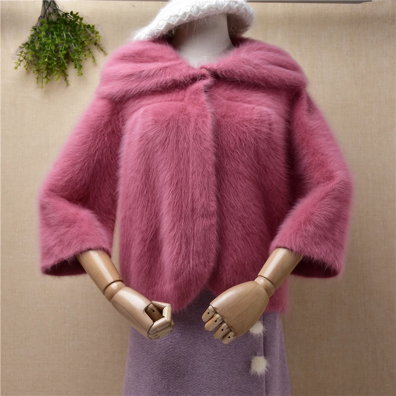 

Женский милый розовый осенне-зимний пушистый норковый кашемировый вязаный короткий кардиган из ангорской шерсти зимняя куртка пальто свит...