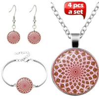 om india yoga mandala glass cabochon pendant necklace bracelet bangle earrings jewelry set totally 4pcs for womens fashion gift