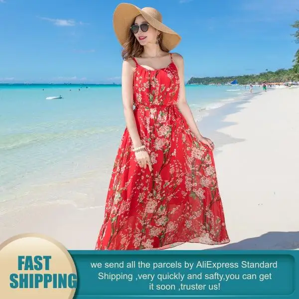 BOHO женские летние платья Пляжные шифон Красный Цветочный принт для пикантные