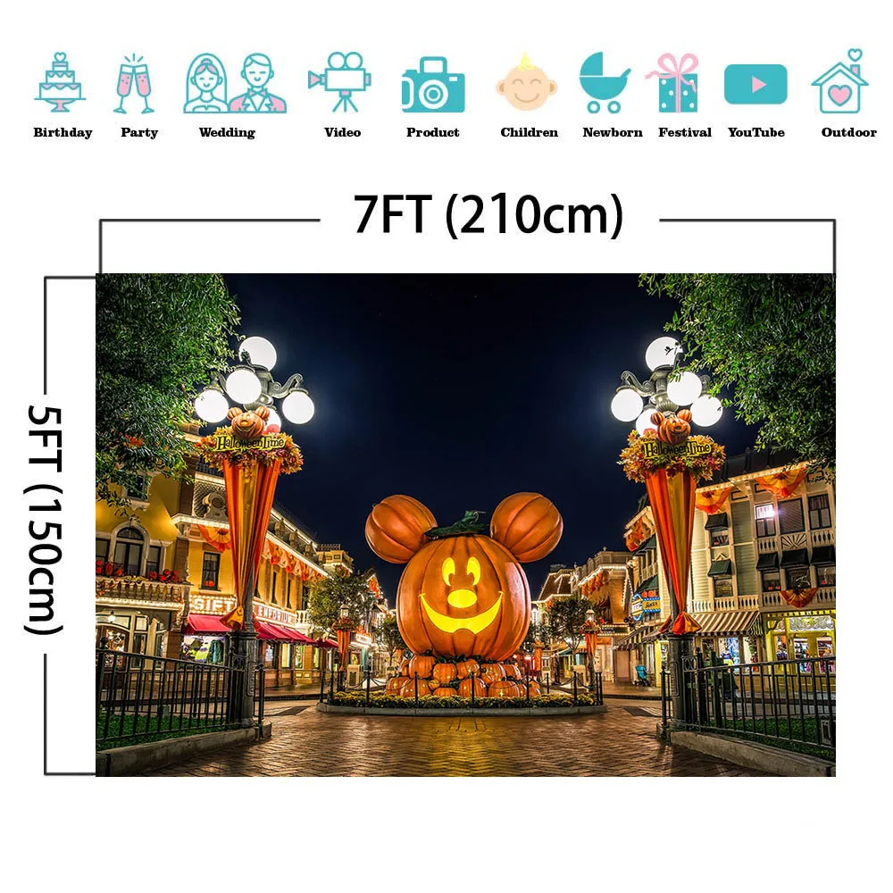 Halloween Photography Backdrops Cartoon Mouse Head Pumpkin Lantern Night Street Photo Background Booth Studio Props 7x5FT | Электроника
