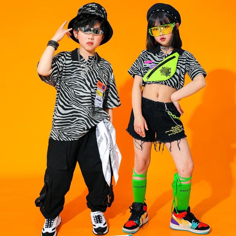 

Kids Ballroom Hip Hop Dance Clothes Zebra Pattern Loose Short Sleeved Cargo Pants Suit Jazz Dance Costumes Rave Clothes DQS7638