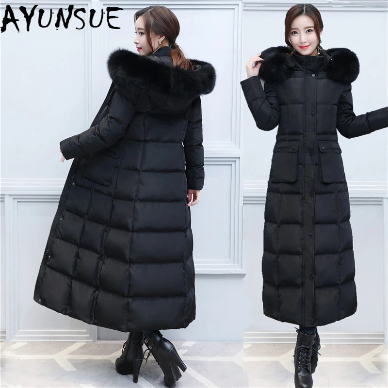 

AYUNSUE Luxury Natural Fox Fur Hooded Women's Winter Down Jacket Woman 90% Duck Down Coat Female X-Long Warm Down Parkas 18176