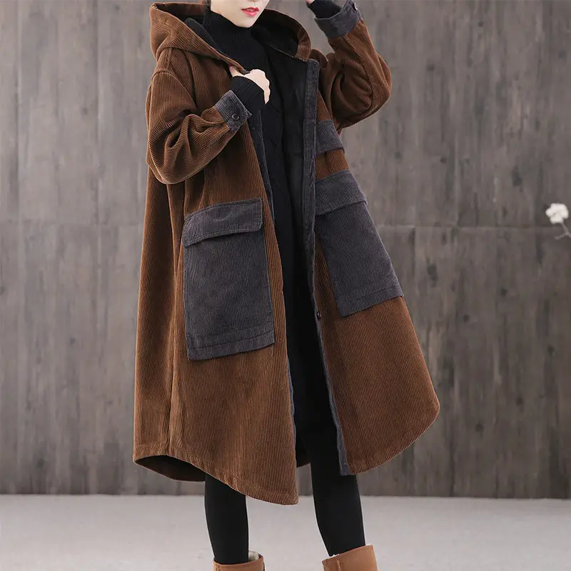 Women's Autumn and Winter Loose Long Cloak Parkas Corduroy Jacket Big Pocket Plus Cotton Thick Hooded Padded Coats Windbreaker