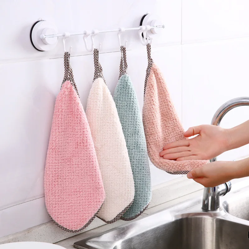 

Household Coral Fleece Hand Towels Can Be Hung Kitchen Dish Towel Pattern Double-sided Thickened Absorbent Wipes Cleaning Cloth