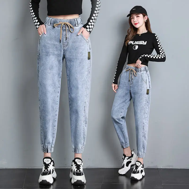 

Jeans Women's Spring Autumn 2021 New Kpop Loose Thin Elastic Waist Nine-Point Harem Pant Girl High-Waist Lace-Up Pants Traf