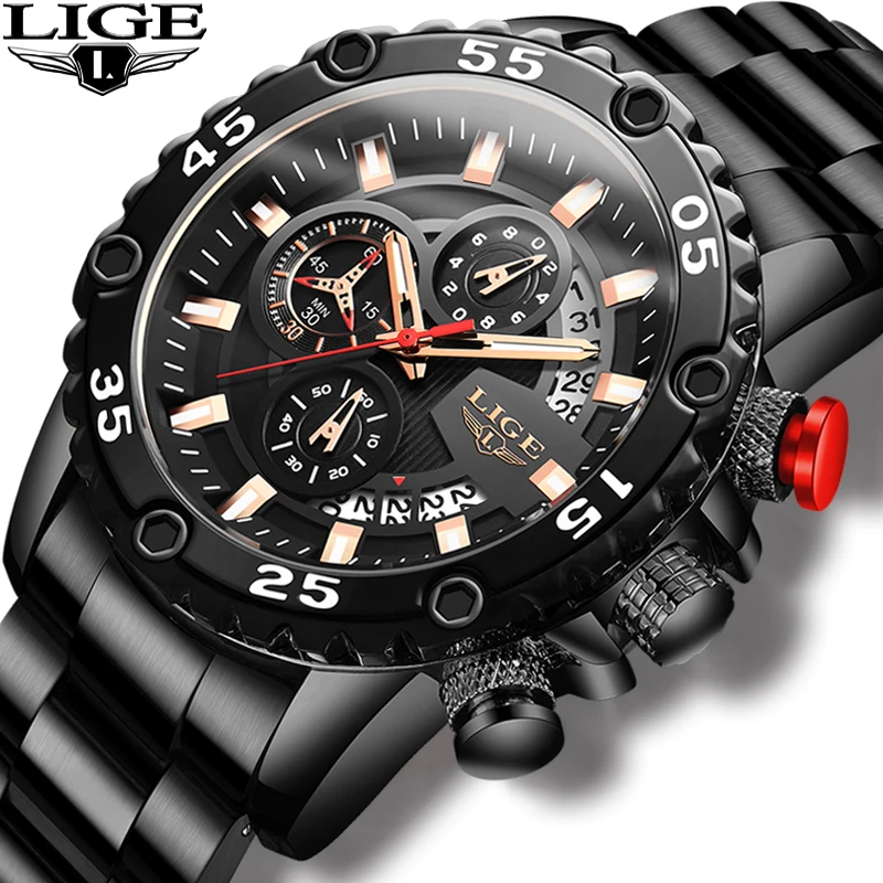 Часы наручные LIGE Мужские кварцевые модные брендовые Роскошные полностью