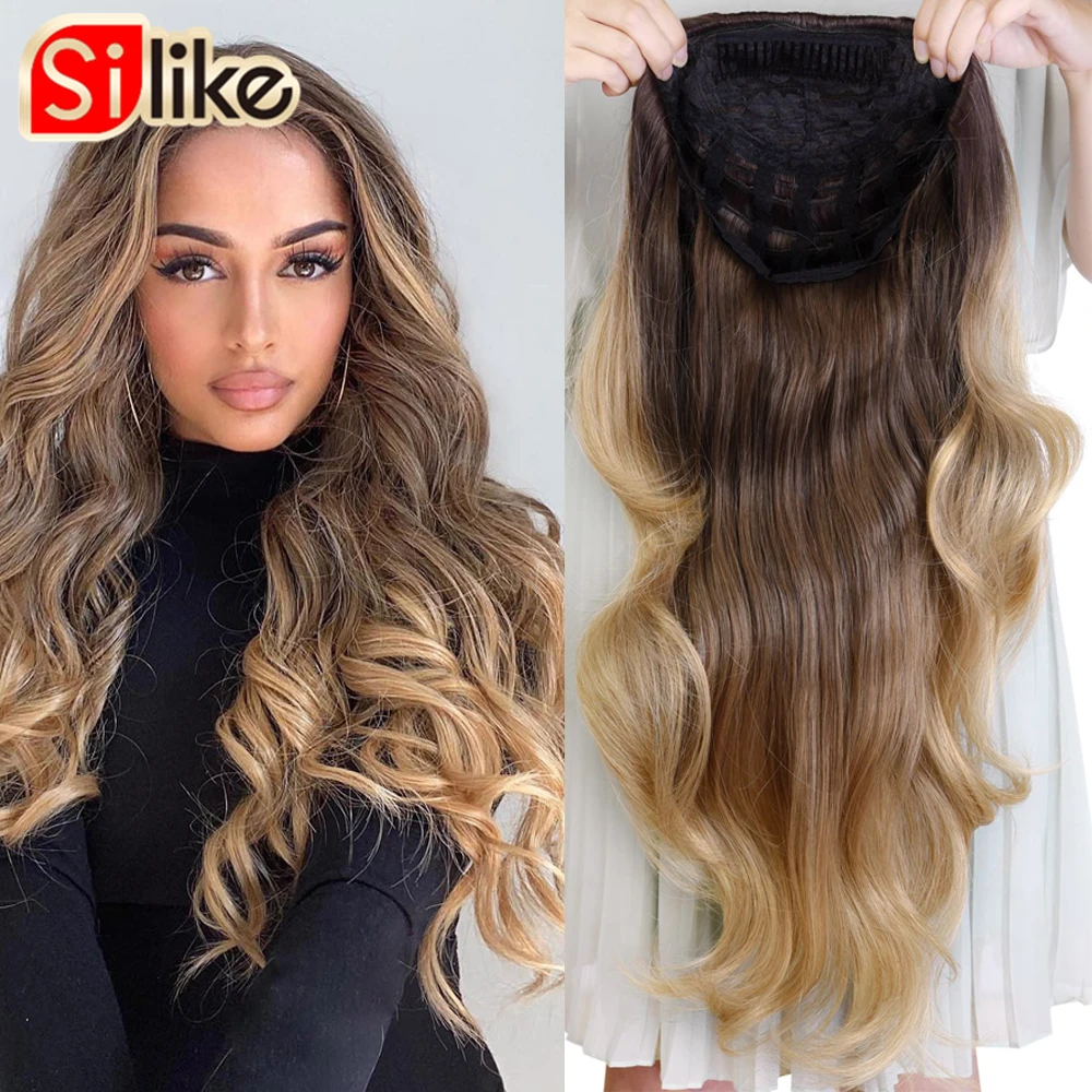 Silike Synthetic 3/4 Half Wigs 24 Inch Long Ash Blonde Wavy Wig With Clip in Hair Extension 16 Color 210g For Black White Women