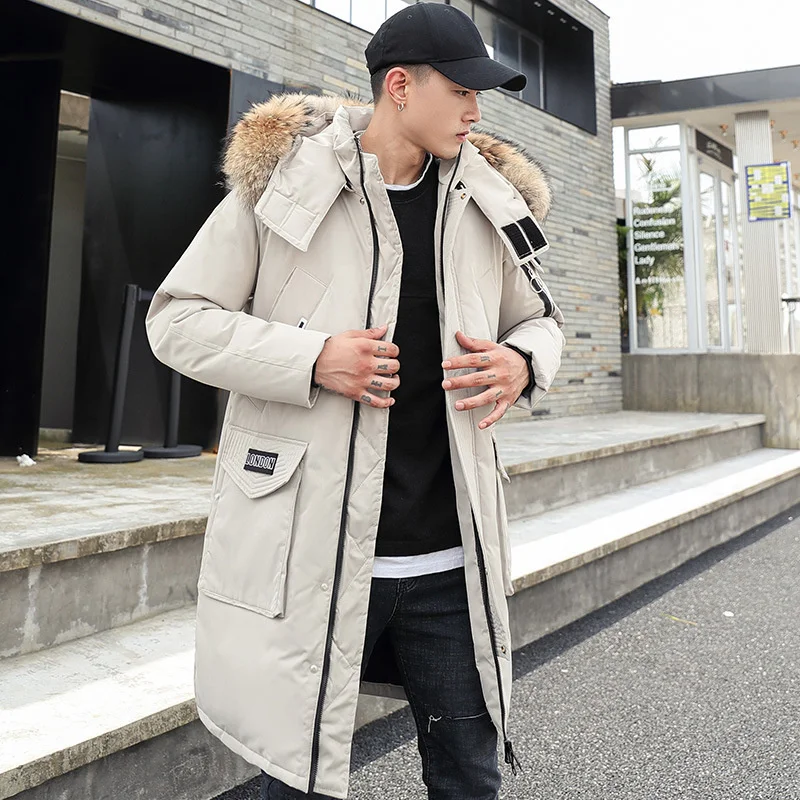 New Men's White Down Jacket Fashion Thickened Warm Long Wool Collar Big Pocket Safari Down Jacket Men Women Korean Style Unisex