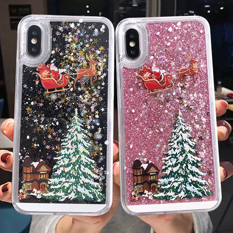 

Merry Christmas Phone Case For iPhone 12 11 13 SE 2 11Pro Max XR XS Max X 7 8 6S Plus 11Pro Dynamic Quicksand Glitter Back Cover