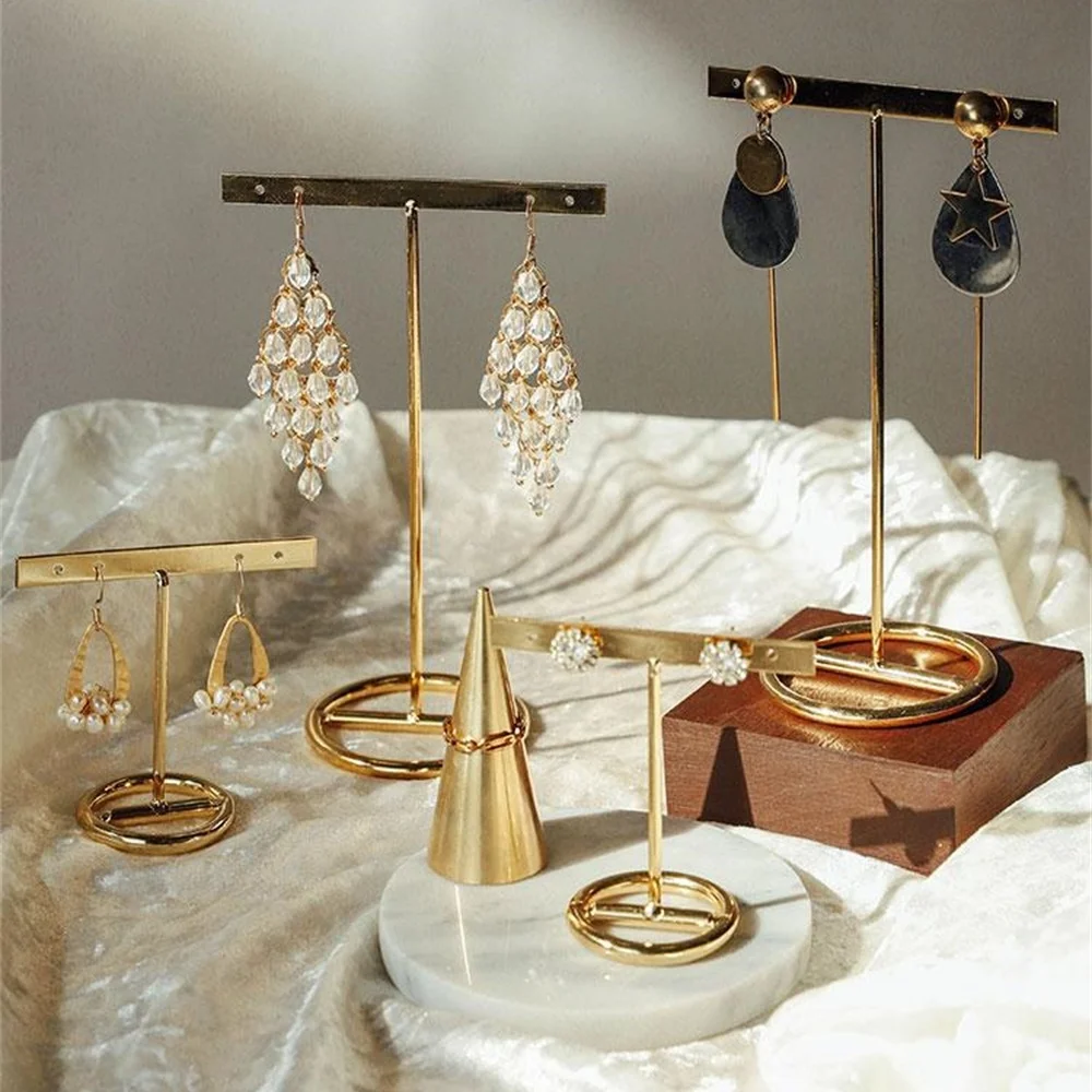 Simple Exquisite Gold Jewelry Storage Organizer Earrings Rack Finger Ring Bracelet Display Set Metal Earring Hanging Stand Wood | Дом и сад