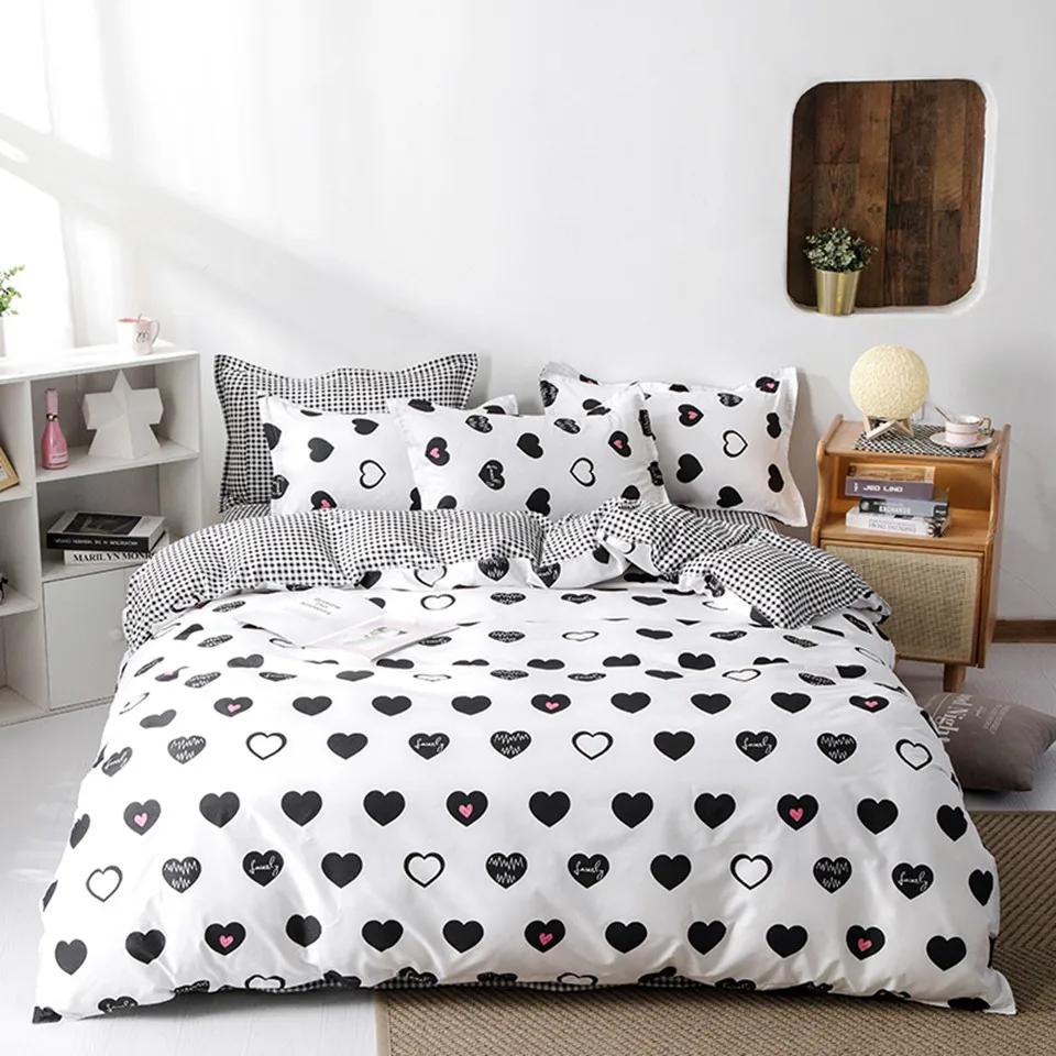 Черно-белый комплект постельного белья с узором в виде сердца для девочек