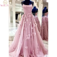 2020 pink prom gown tulle floral crystal abendkleid lang spaghetti strap scoop neckline a line walk beside you