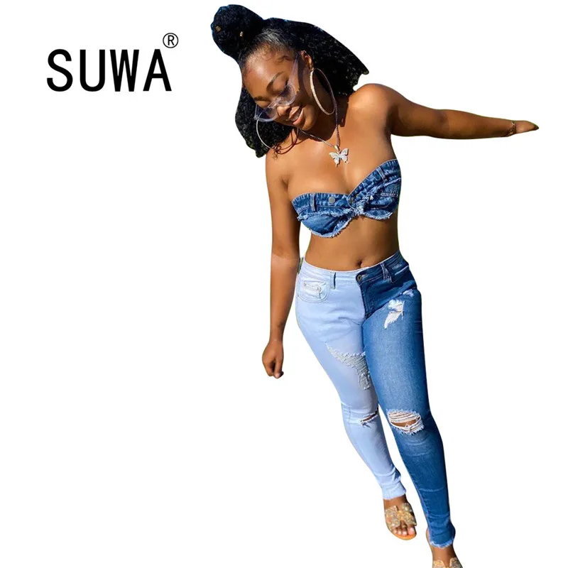 

2 color patchwork pencil pants high waist pants jeans new fashion autumn spring clothes skinny classic denim pants