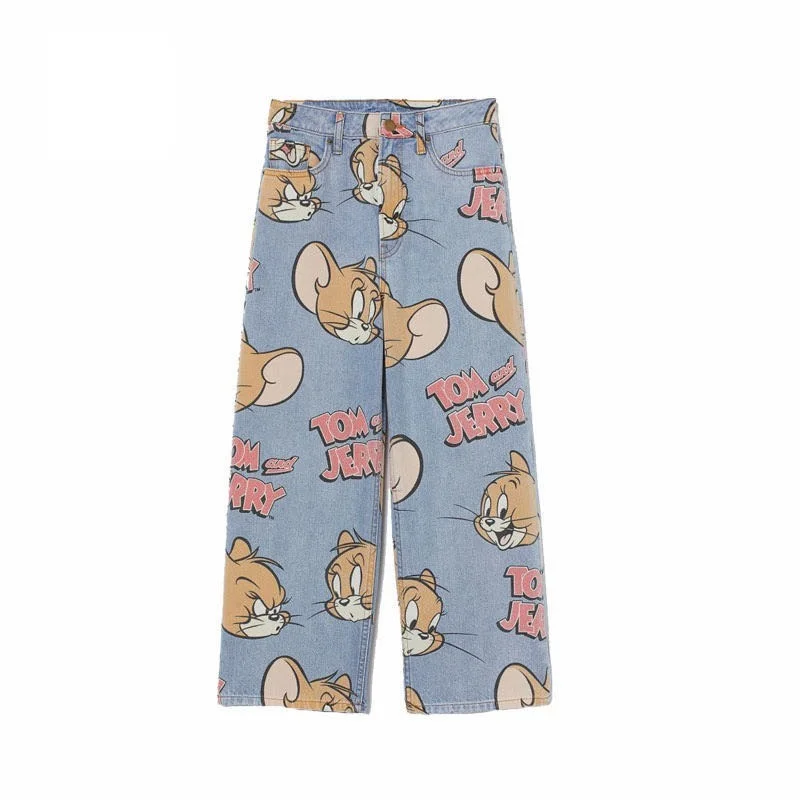 

2021 New Arrival Spring Summer Women Jeans High Waist Cartoon Printed Casual Loose Wide Leg Trousers Female Denim Pants Mom Jean