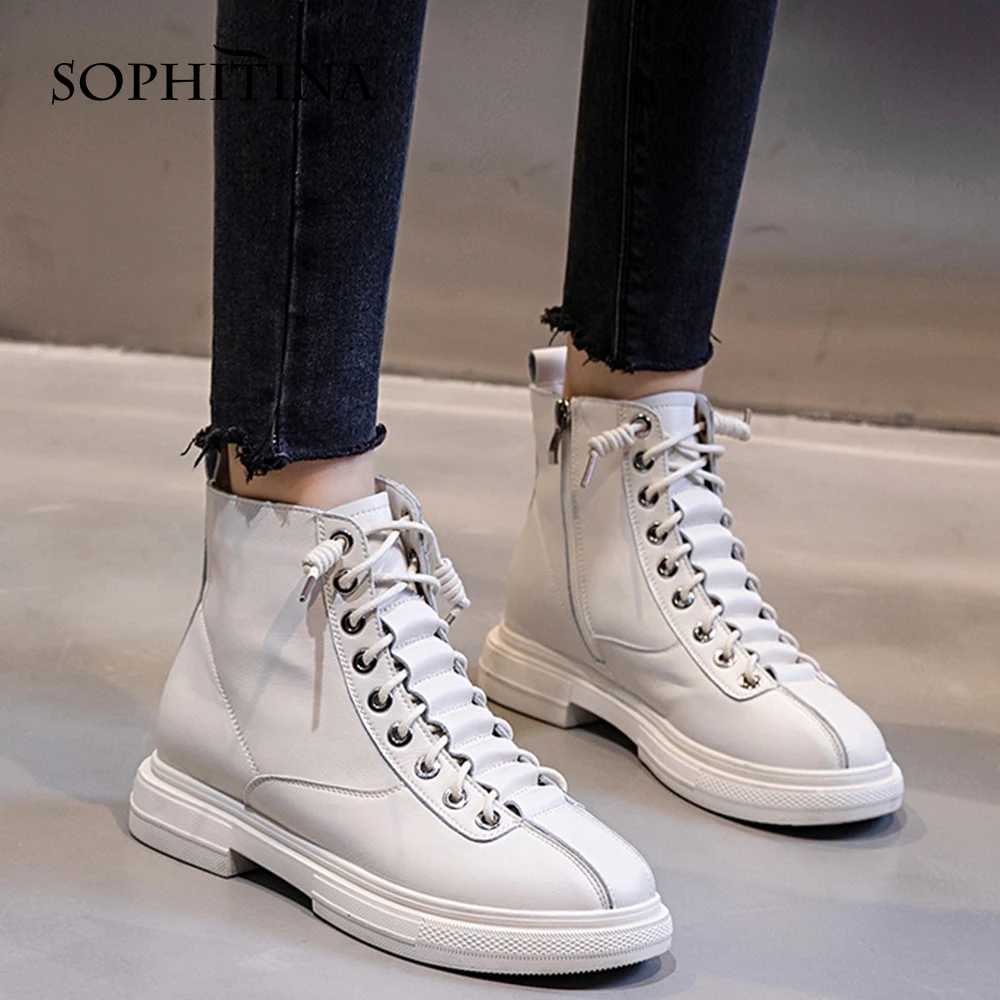 

SOPHITINA Casual Women's Boots Genuine Leather Winter Keep Warm Plush Round Toe Cross-tied Boots Office Lady Zipper Shoes HO537