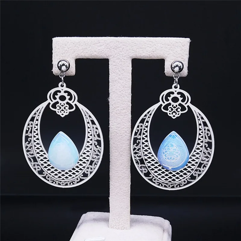 

Boho Flower Moonstone Stainless Steel Big Stud Earrings Women Silver Color Earring Jewelry boucle d'oreille femme EXS04