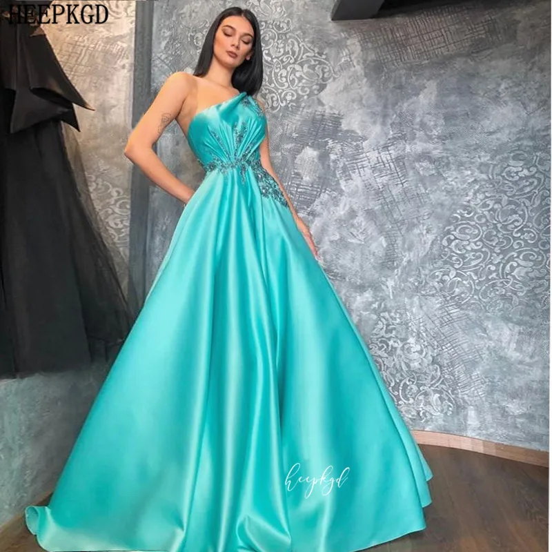 Aqua/длинное вечернее платье на одно плечо с блестками и бусинами атласное для