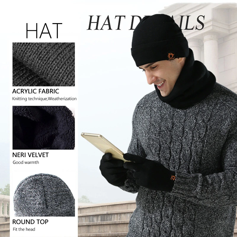 2019 модный мужской вязаный комплект из 3 предметов зимняя теплая вязаная шапка +