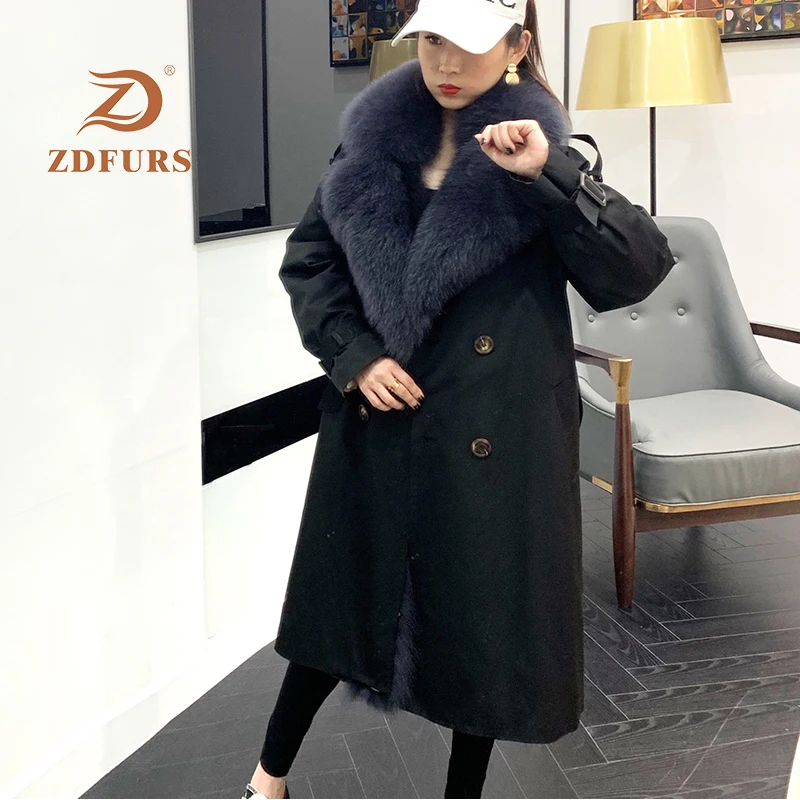 ZDFURS* натуральная Рекс подкладка из кроличьего меха парка большой лисий мех воротник пальто зимняя куртка женская натуральный мех теплые толстые парки X-Long