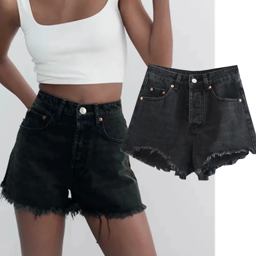 

Шорты женские джинсовые с высокой талией, эффектом потертости и завышенной талией