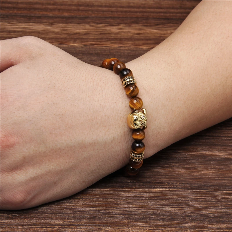 Мужской очаровательный браслет с натуральным тигром и камнями бусинами Модный