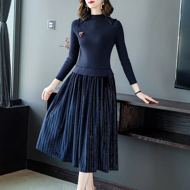 

2021 WomenSlim Solid Pachwork Midi Dress Elegant Casual Party Dresses Autumn Winter Knitting Cotton Vintage Velvet Vestidos