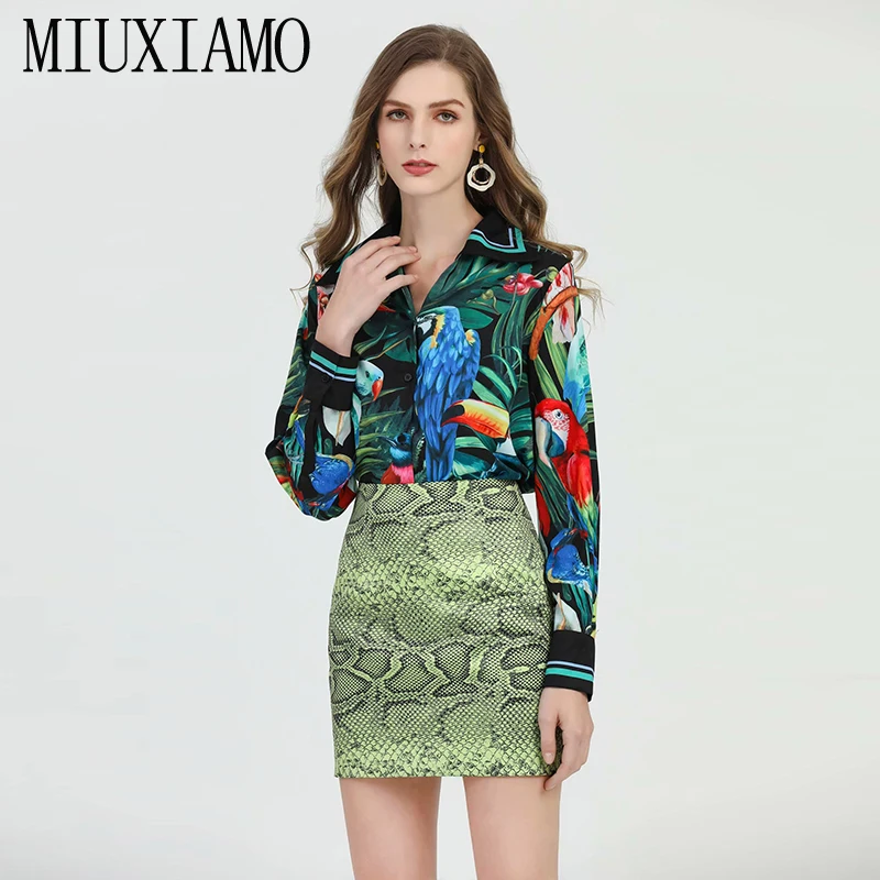 

MIUXIMAO, лучшее качество, 2020, для офиса, для девушек, весенний, Твинсет, элегантный, Цветочный, лист, ParrotTop, питон, узор, костюмы для женщин, Vestidos