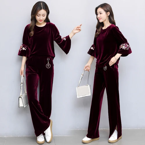 

Golden Velvet Wholesale Clothing Women Set Sportswear Luxury 2 Piece Set Women Wide Leg Pants Women Two Piece Outfits