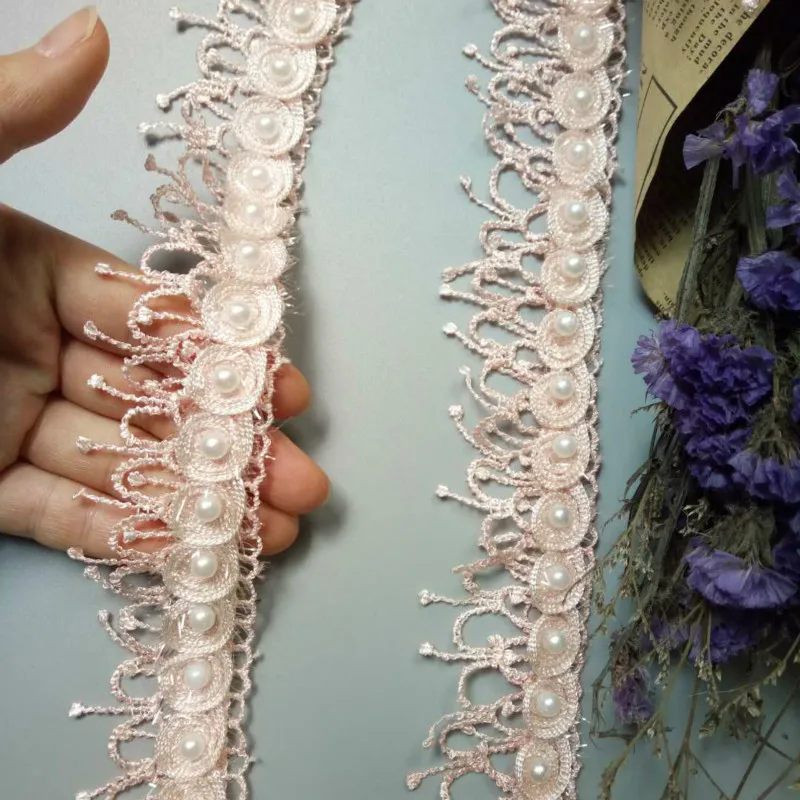 1 ярд Светло-розовый жемчуг кисточкой Цветы сливы Жемчуг Кружева отделка ленты