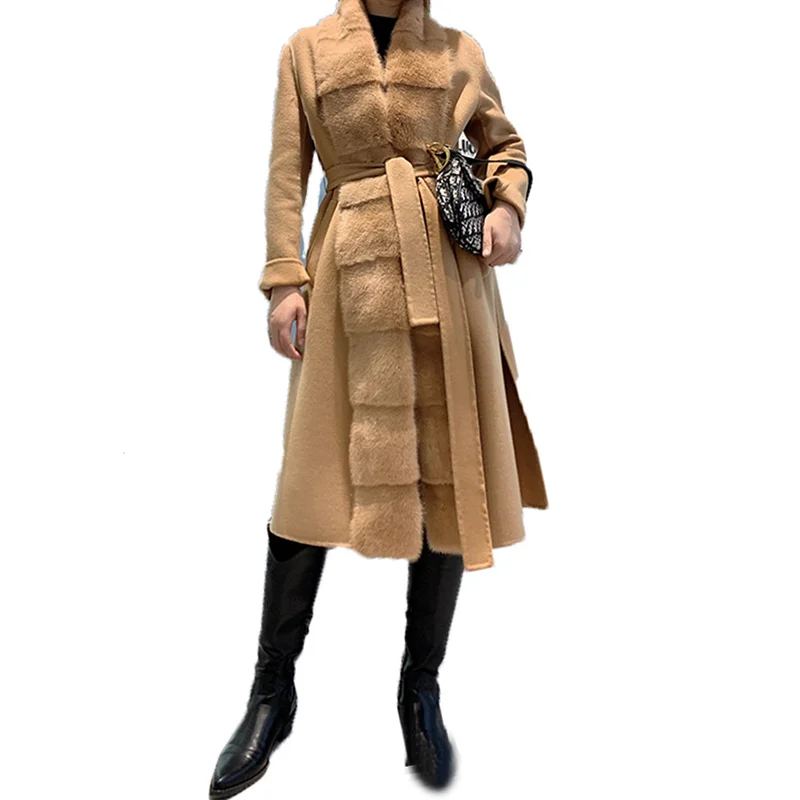 

SHZQ New Luxury High Quality Cashmere Wool Blend Coat Women Winter Jackets Sheep Woolen Coats with Real Mink Fur Collar Trim