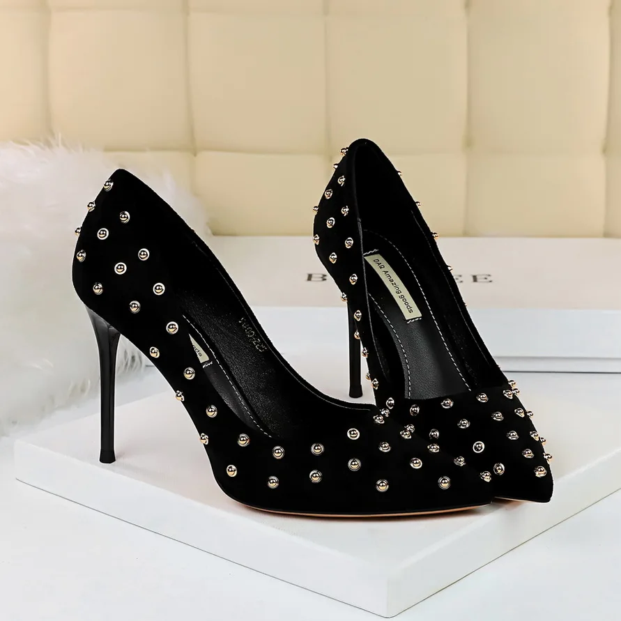 2020 Fashion Women 9cm High Heels Female Stiletto Blue Pumps Lady Elegant Luxury Green Pointy Rivets Scarpins Studded Red | Обувь
