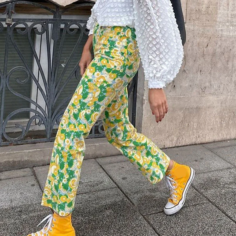 

Y2K 2021 New Pants Women Floral Print High Waist Pants Summer Vintage Pockets Straight Trousers Casual Chic All-match Pants