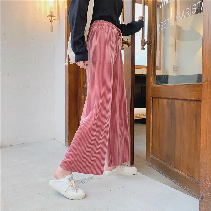 2019 Winter Women Velvet Wide Leg Pants Female Casual Elastic High Waist loose Autumn Pleated Solid Pant Femme | Женская одежда